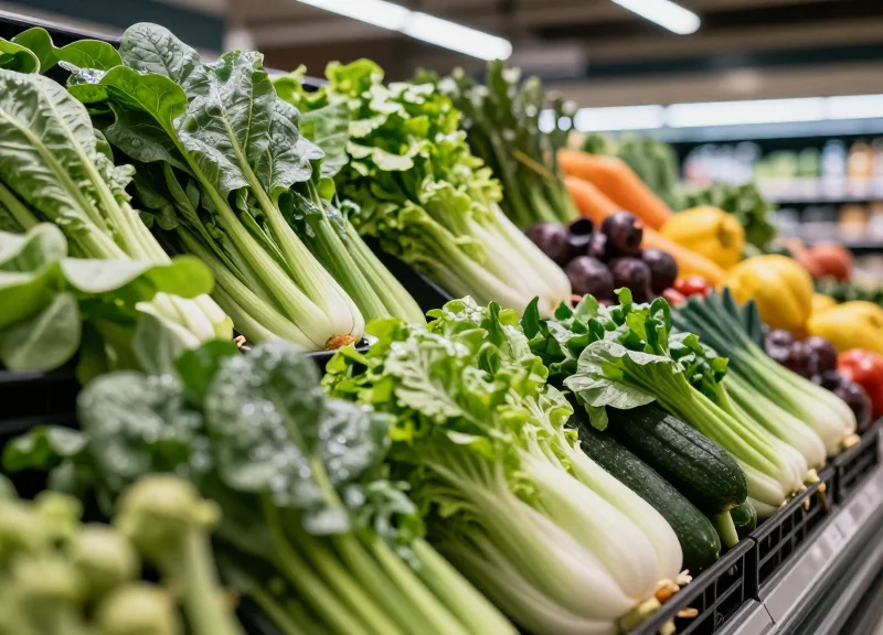 Fresh organic vegetables in a modern grocery store display with high-end lighting