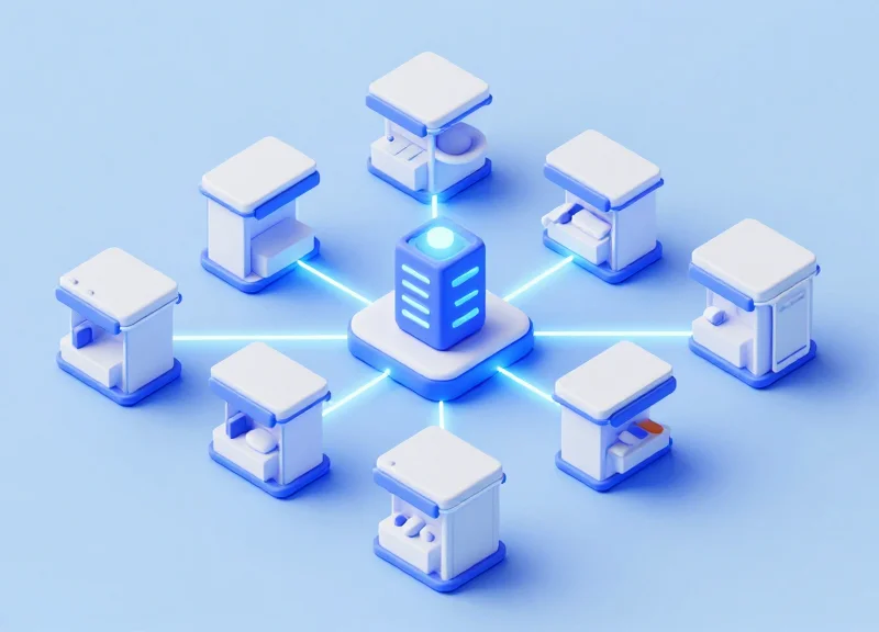 Isometric 3D model of a retail store layout showing the connection between security cameras and digital servers