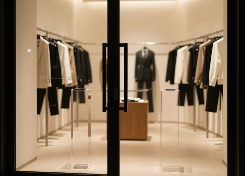 A wide shot of a luxury boutique entrance with slim, transparent security pedestals detecting movement.