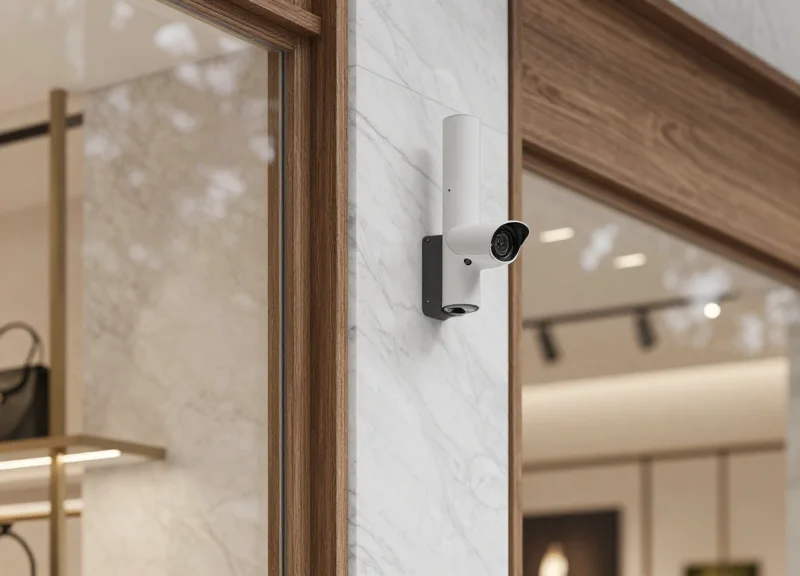 Modern interior design of a boutique featuring hidden or aesthetically integrated security antennas.