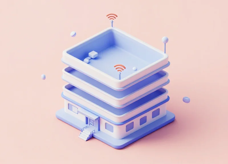 Isometric view of a multi-story building with expanding signal waves representing security coverage.