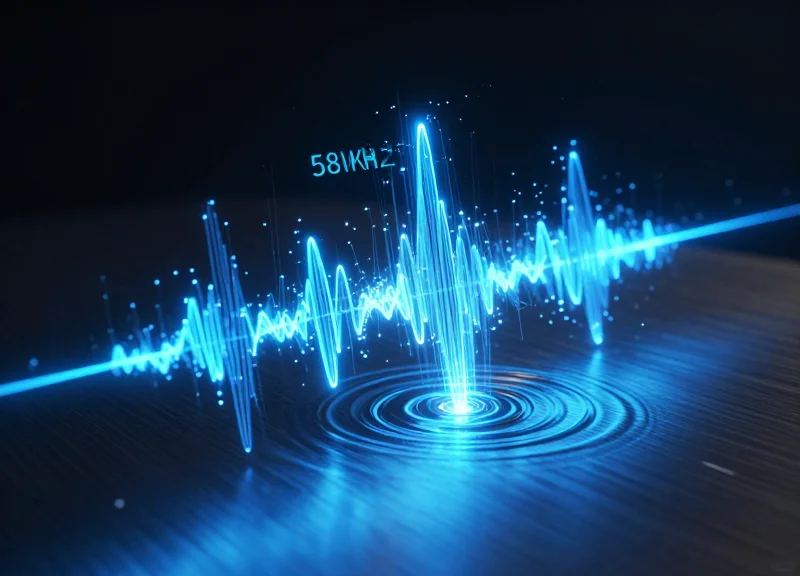 Abstract visualization of 58kHz electromagnetic waves interacting with a metallic surface.