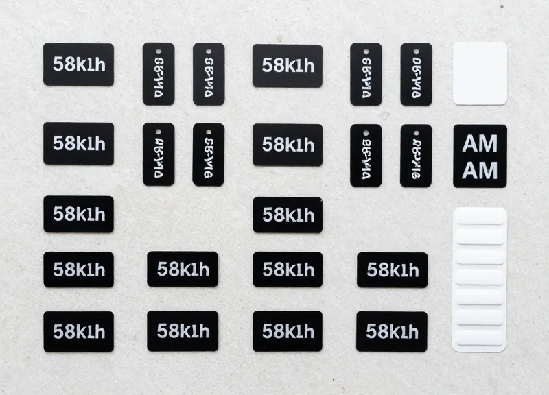 A collection of various 58kHz AM security tags and labels neatly organized on a neutral surface.