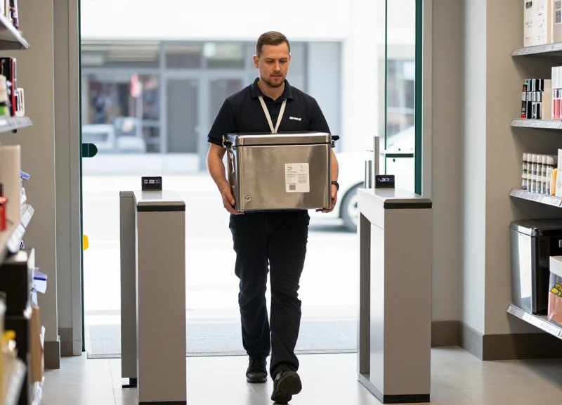 A person in a professional retail setting performing a walk-through test with metal merchandise near security pedestals.