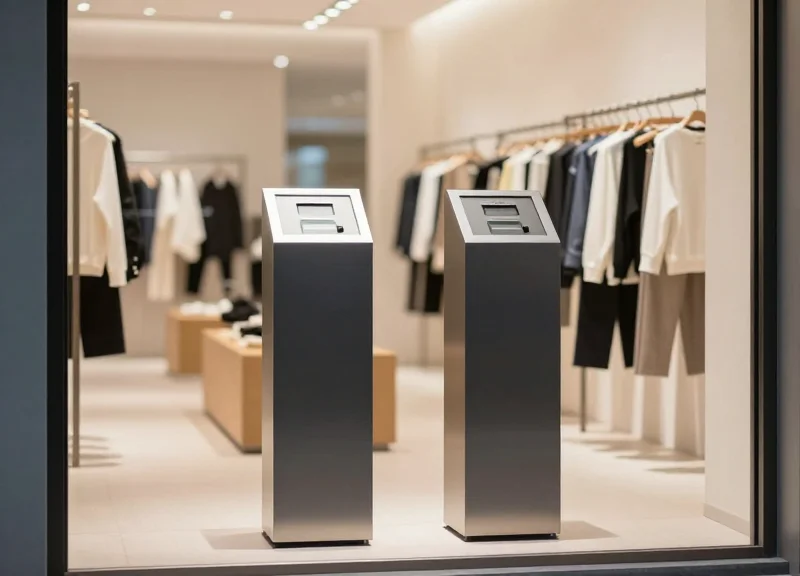 A modern retail store entrance featuring sleek white security pedestals with a blurred boutique background.