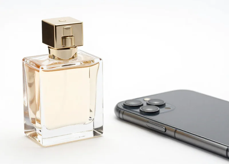 Luxury perfume bottle and metallic electronics showing surfaces that typically interfere with security signals.