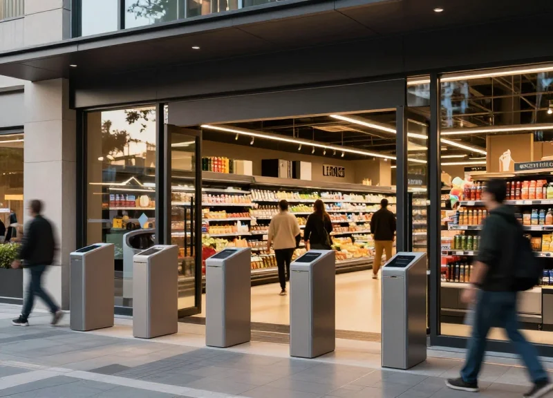 A wide shot of a modern 2026 supermarket entrance featuring sleek 8.2MHz RF security pedestals and busy shoppers.