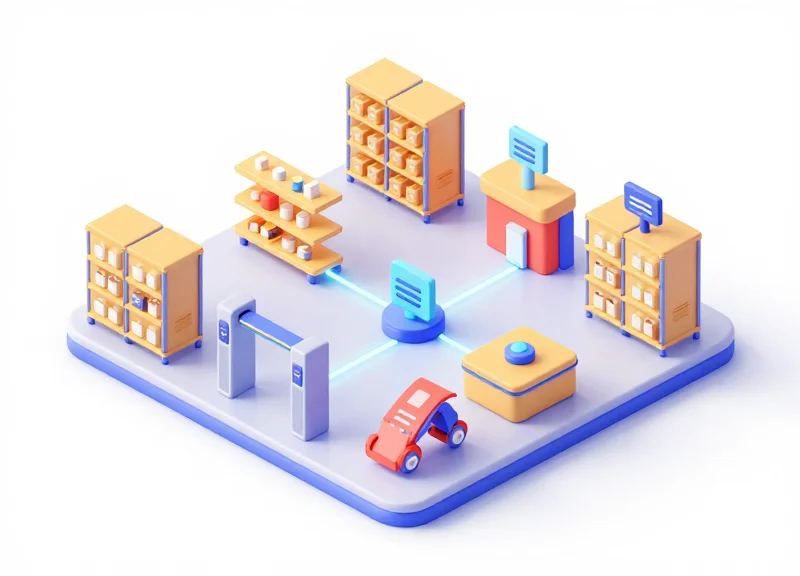 Isometric 3D model of a smart supermarket system integrating RF, RFID, and ESL technologies.
