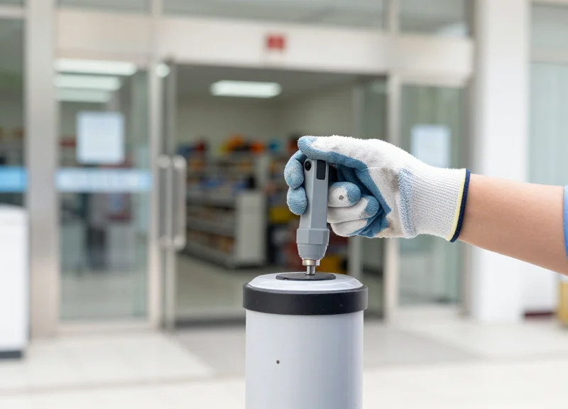 A professional technician installing an RF EAS security pedestal in a supermarket chain.