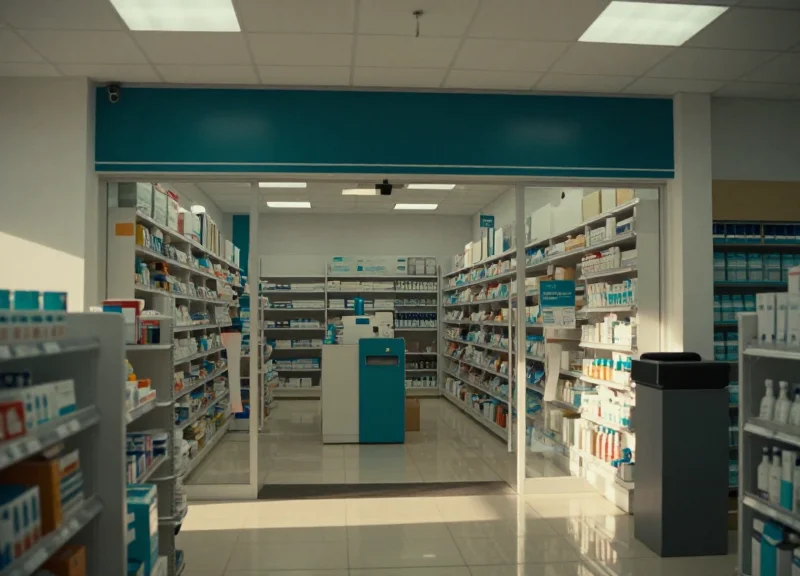 A modern independent pharmacy interior with a focus on professional security and organization.