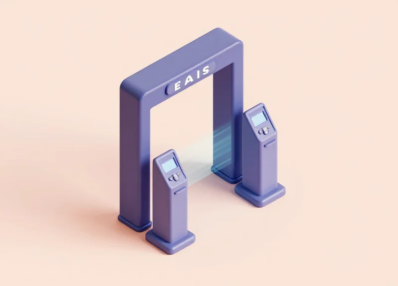 Isometric 3D illustration of an RF security system gate at a store entrance.