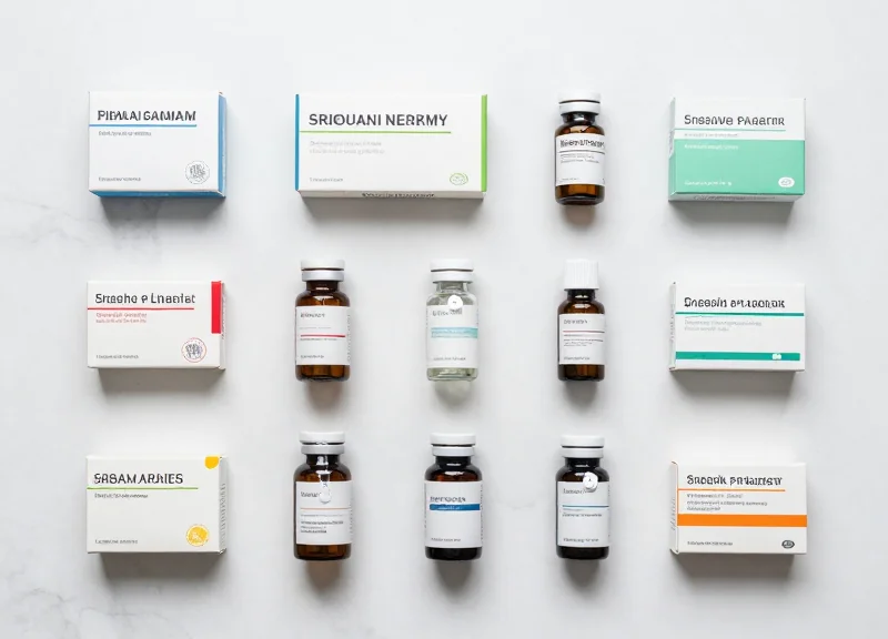 Flat lay of pharmaceutical products with visible security tags.