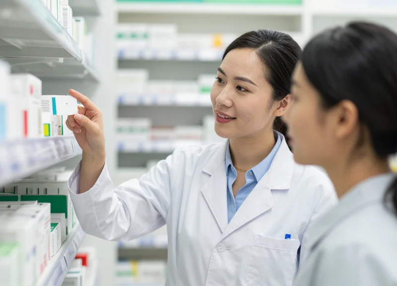 A pharmacy manager training a staff member on retail security procedures.