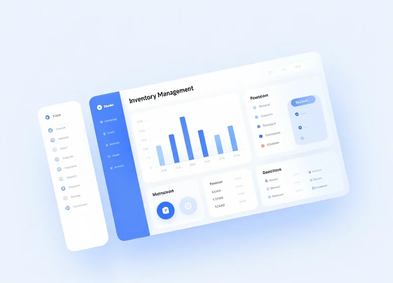 Modern UI dashboard showing inventory and security metrics.