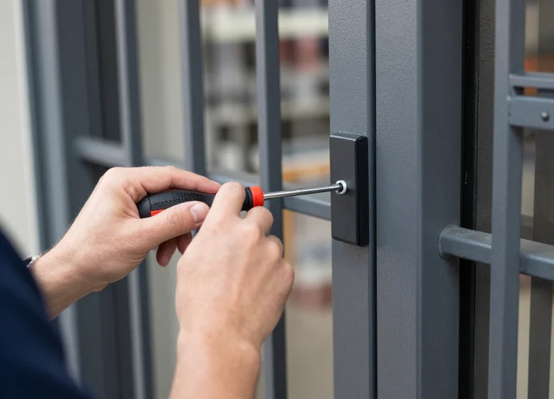 A technician using tools to adjust the base of a retail security antenna pedestal