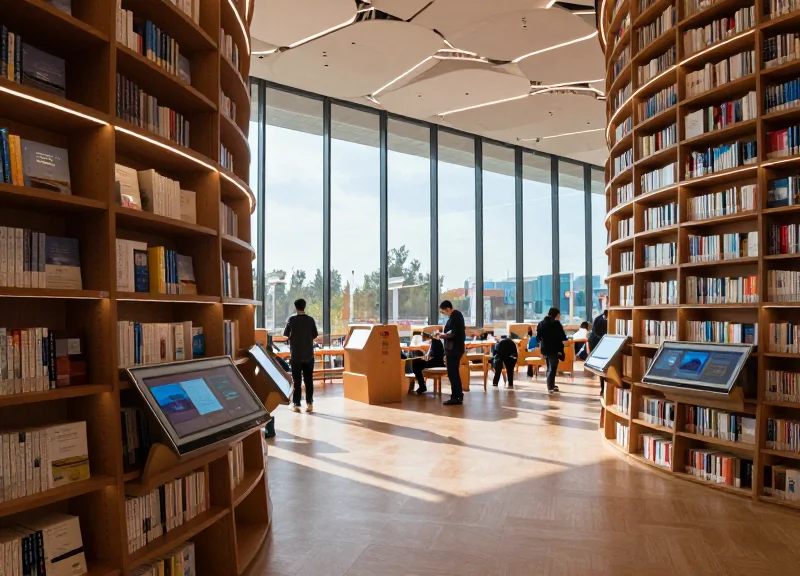 A wide shot of a futuristic library interior with sleek wooden shelves and modern digital kiosks in 2026.