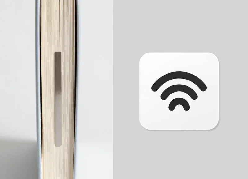 Side-by-side comparison of a long thin EM security strip and a square RF sticker placed on book spines.
