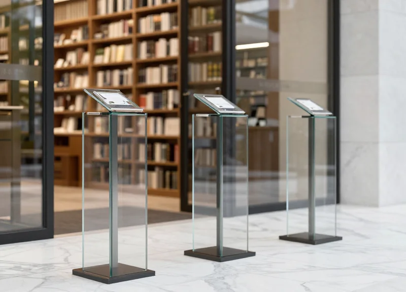 Sleek and transparent glass security gates integrated into a minimalist modern library entrance.
