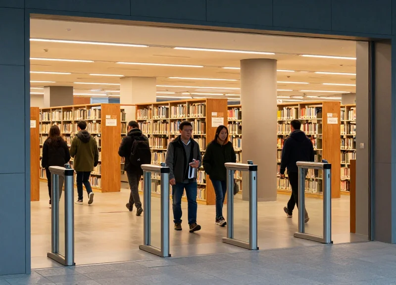 Modern library security pedestals at an exit with people walking through naturally.