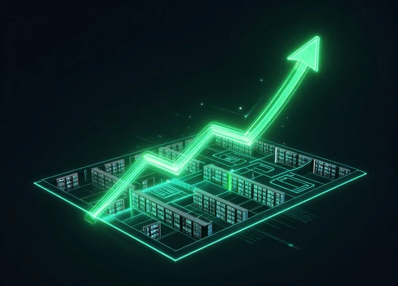 Abstract digital visualization showing rising light trails over a library blueprint, representing ROI.