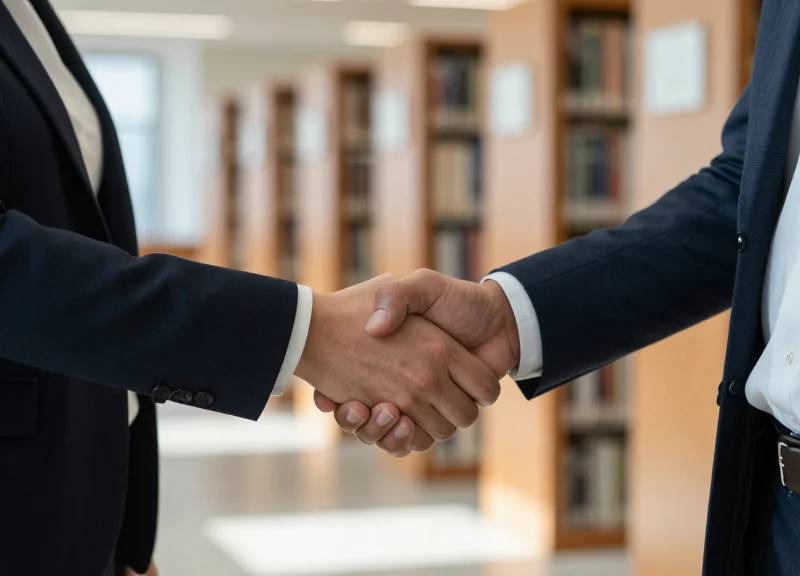 Two professionals in a modern library office shaking hands to symbolize a security partnership.
