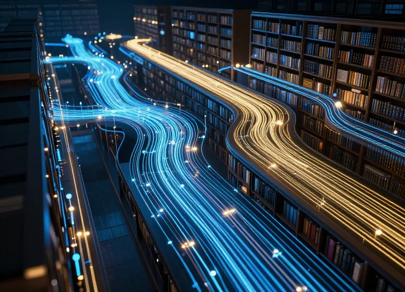 Abstract visualization of future library security data streams and glowing nodes.