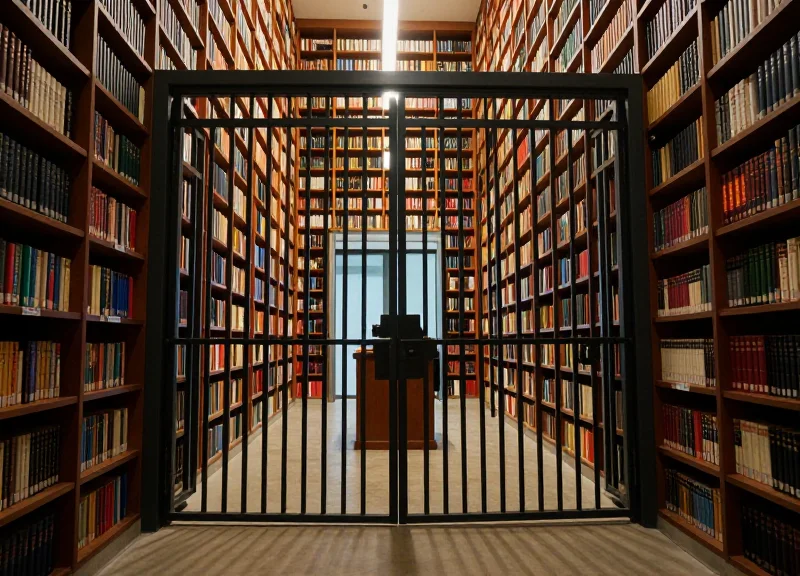 A security monitor showing a modern library archive with high-end protection systems.