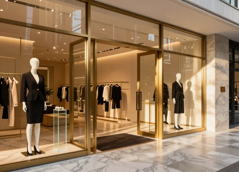 High-end luxury boutique interior with discreet and stylish security gates at the entrance