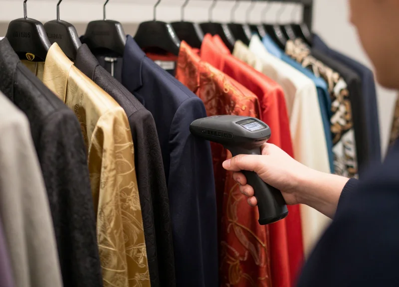 Retail associate using a handheld RFID scanner to check inventory on a rack of luxury clothing
