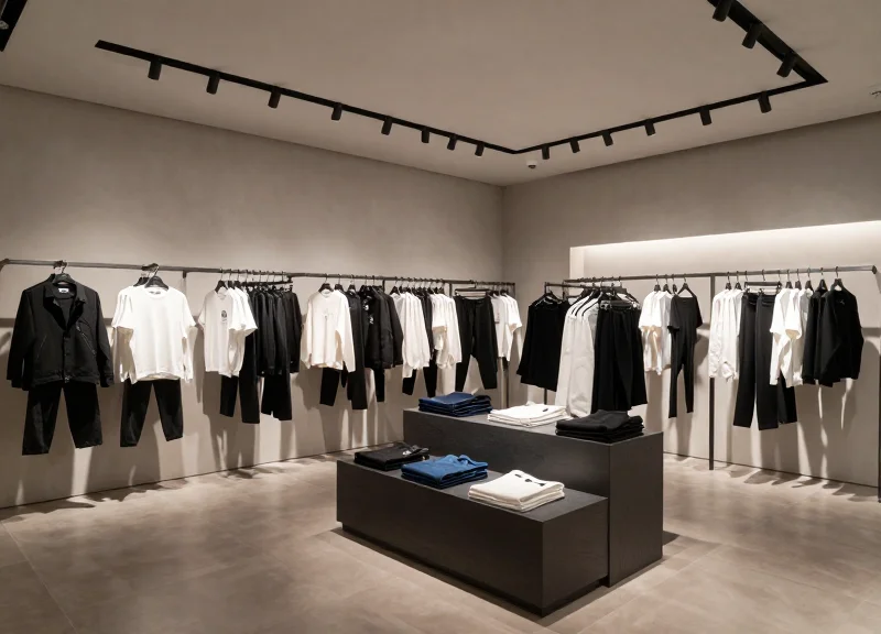 A wide shot of a modern high-end clothing boutique with sleek displays and cinematic lighting.