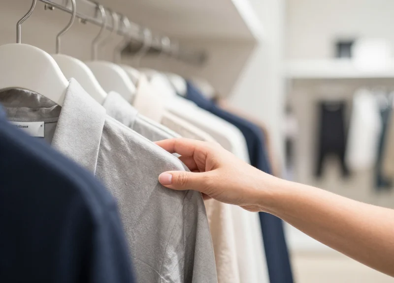 Customer looking at a garment with an RFID tag in a bright, modern clothing store.