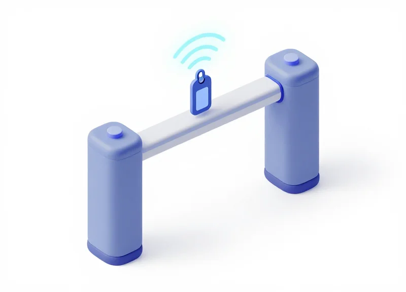 Isometric 3D view of a retail security gate and a smart tag representing RFID and EAS convergence.