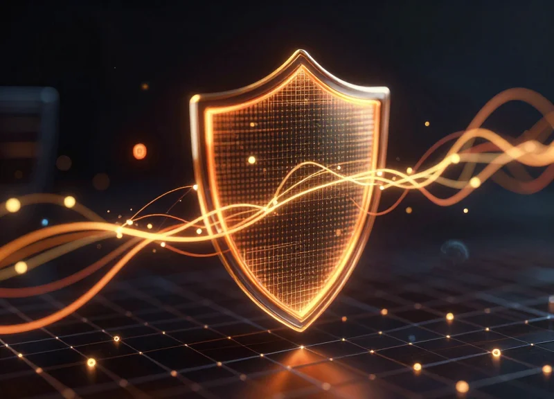 Abstract digital shielding and data flows representing retail loss prevention analytics.
