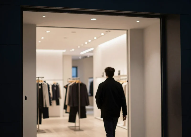 A customer walking through a modern store exit with invisible security sensors.