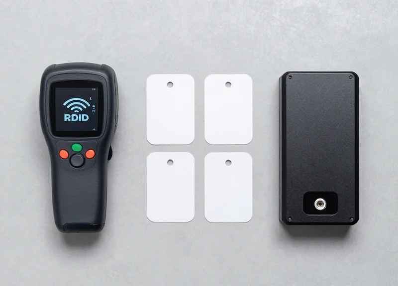 Top-down view of retail security hardware including sensors and handheld RFID scanners.