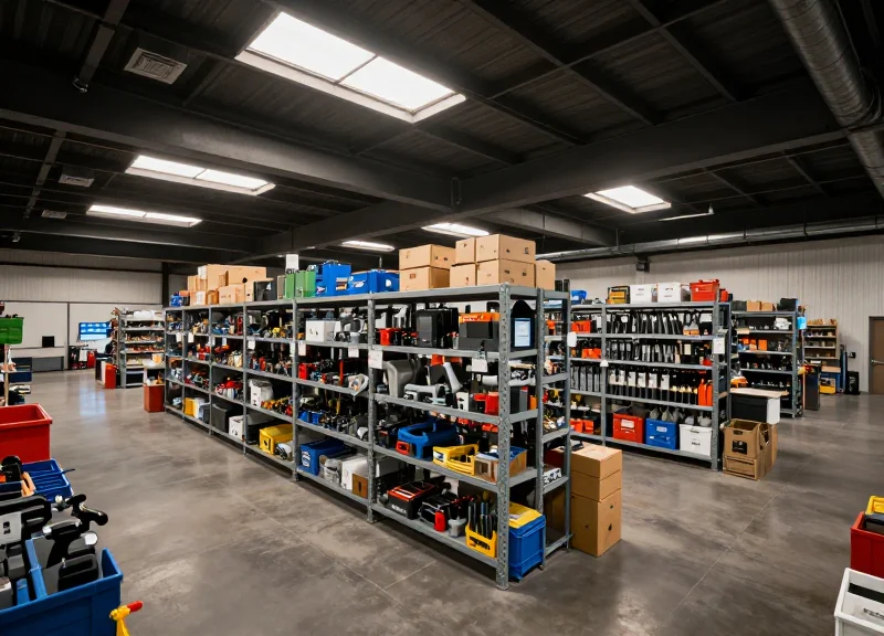 Wide angle view of a modern open-layout industrial showroom with high ceilings and industrial tools.