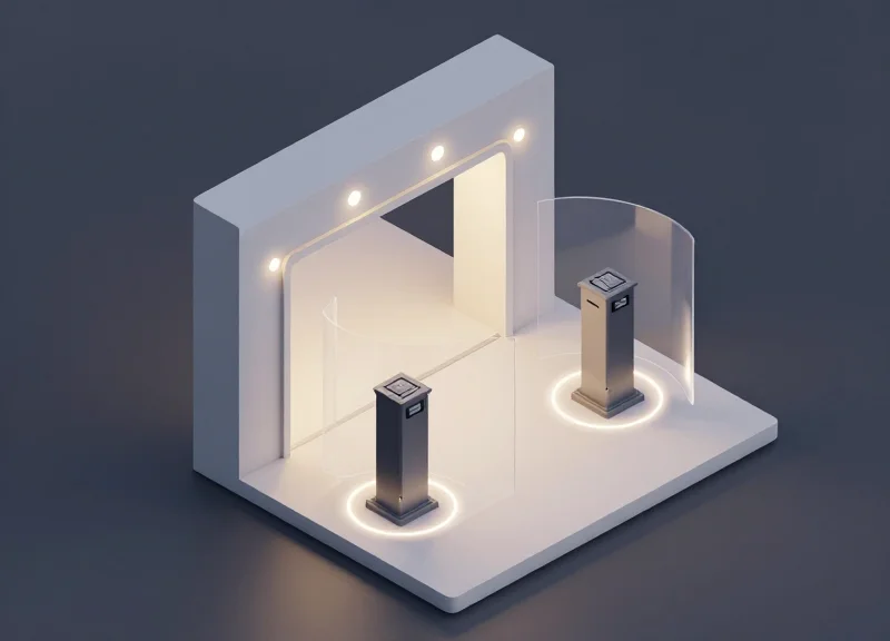 Isometric 3D model of a retail entrance showing the detection range of security pedestals.
