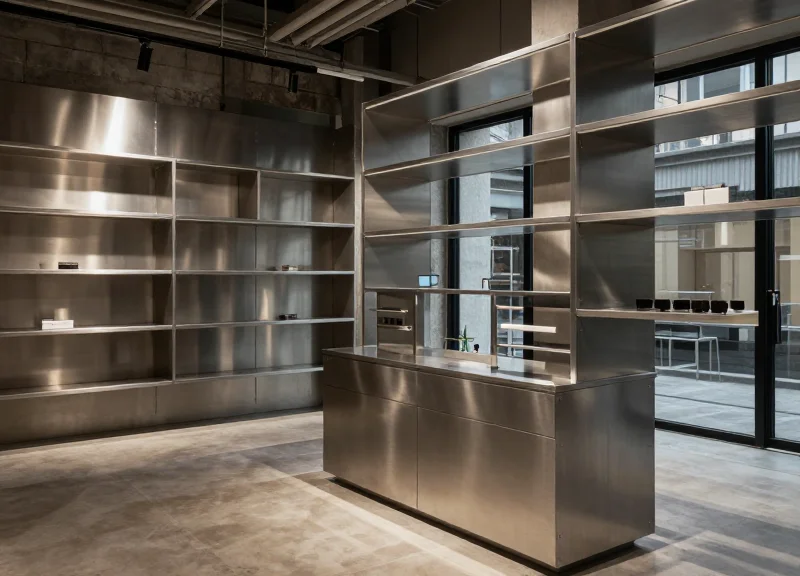 Modern retail interior with heavy metal shelving and industrial fixtures.