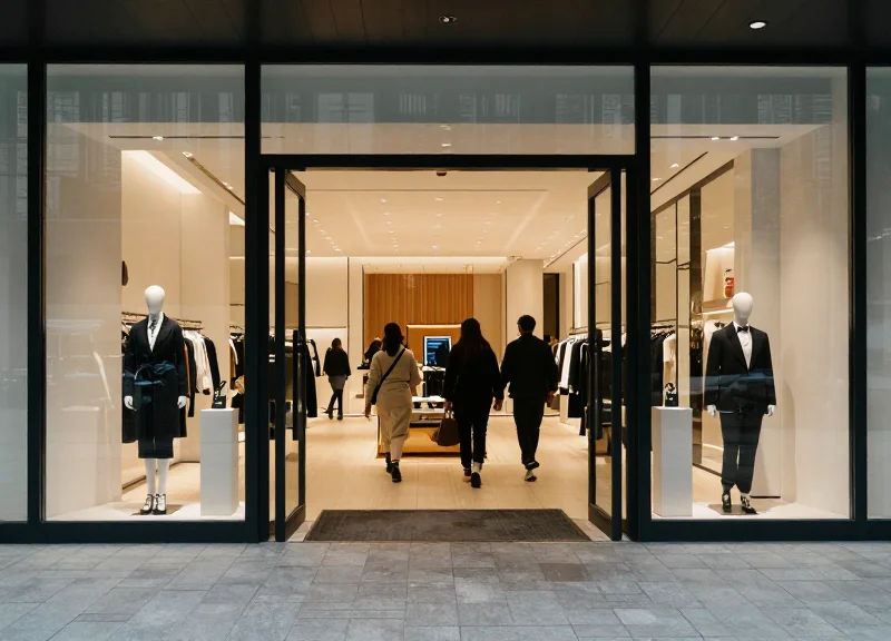 A modern, wide retail entrance with high ceilings and no visible security gates.