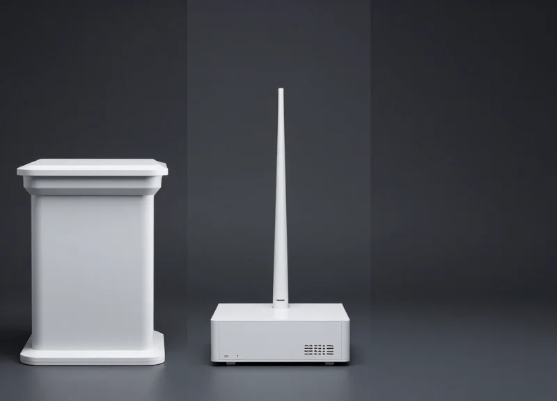 Visual comparison of traditional security pedestals versus invisible microwave sensors.