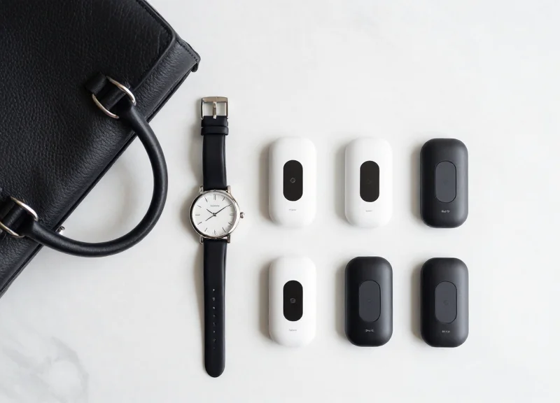 Neatly arranged luxury inventory items and compact BLE tracking tags