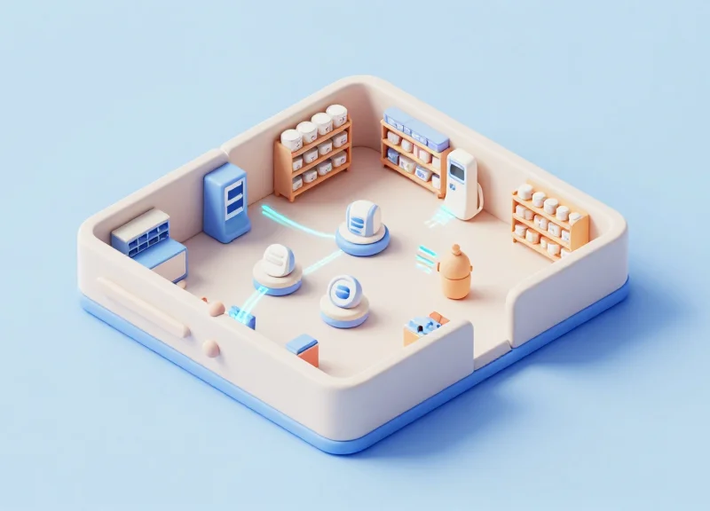 Isometric model of a store showing the integration of BLE, RFID, and electronic shelf labels
