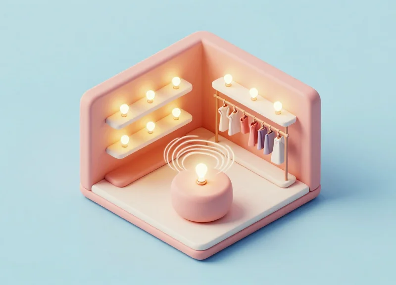 Isometric 3D model of a luxury retail store with tiny glowing nodes representing BLE beacons.