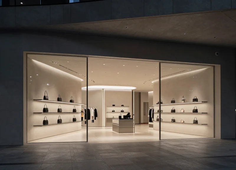 A wide, cinematic shot of a modern, high-tech retail environment demonstrating total asset visibility.