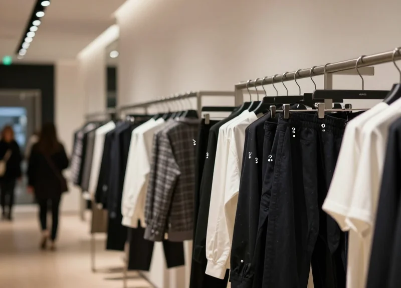 A modern high-end retail boutique with smart technology integrated into displays and clothing racks
