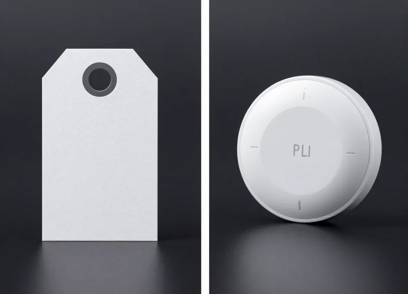 Side-by-side visual comparison of a thin paper RFID tag and a modern active BLE beacon.