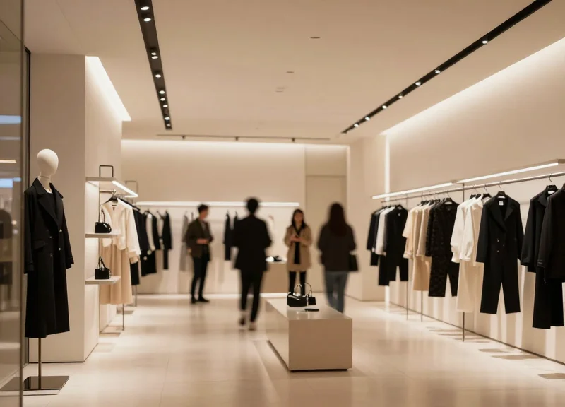 A futuristic retail store where customers move freely while intelligent systems monitor seamlessly in the background.