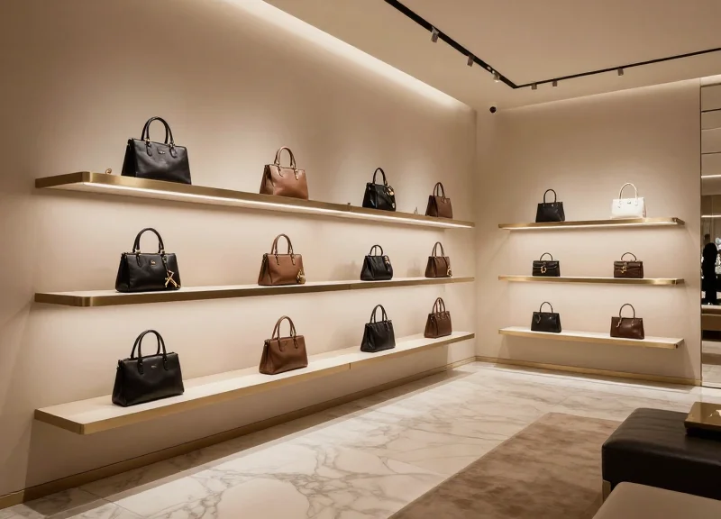 A wide shot of a high-end luxury boutique interior with premium goods and elegant marble flooring.