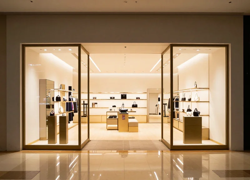 A seamless and open luxury store entrance with no visible security gates and clean architecture.