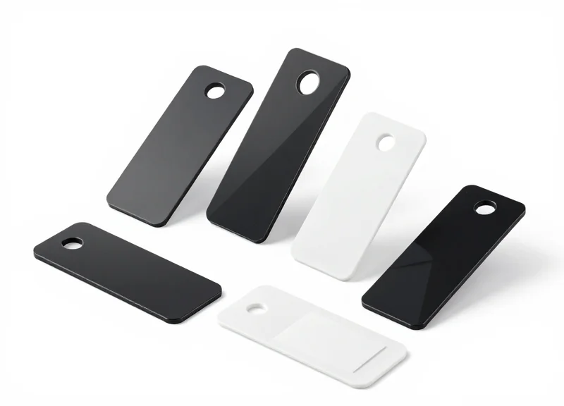 Group of professional EAS security tags and sensors on a pure white background.